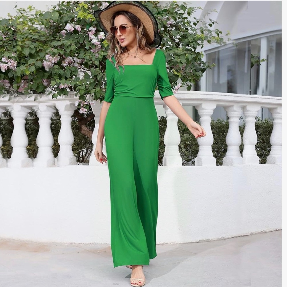 New Green Square Neck Short Sleeve Wide Leg Pant Jumpsuit